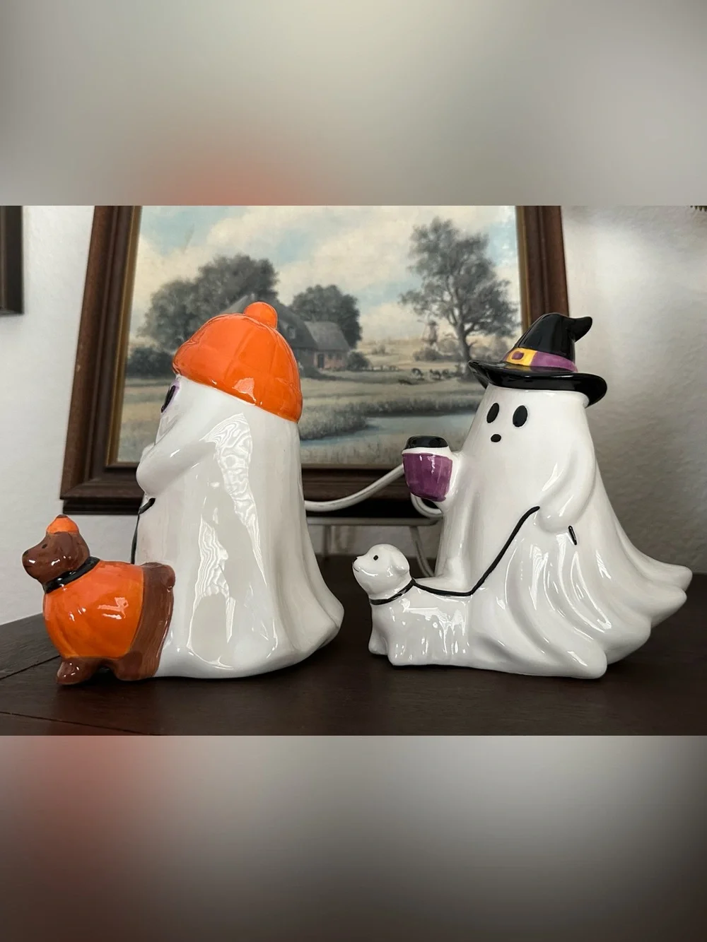 SET OF 2! Aldi Halloween Pastel Ceramic Ghost Pumpkin Dog & Witch Ghost Dog